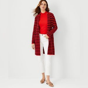 Ann Taylor Black Red Striped Coatigan Cardigan Coat Sweater Jacket